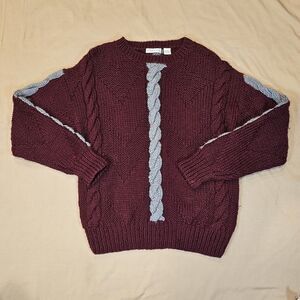 Claiborne Knitted by Hand Maroon Gray Oversized Cable Knit Chunky Wool Sweater M
